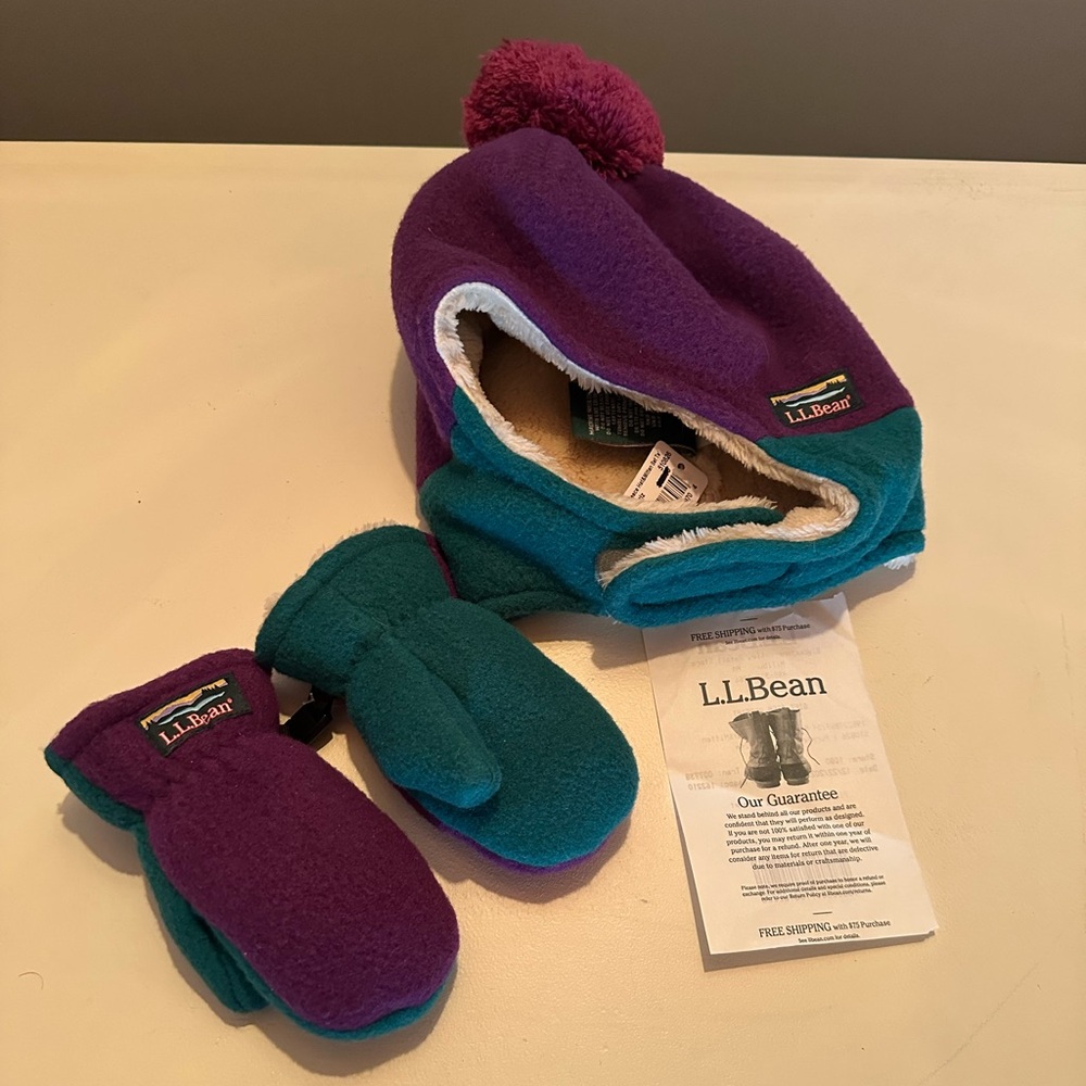 L.L. Bean Kids' Cozy Purple and Teal Hat and Mittens